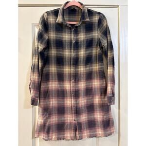 Bleach Dipped Raw Hem Flannel Button Up Dress
